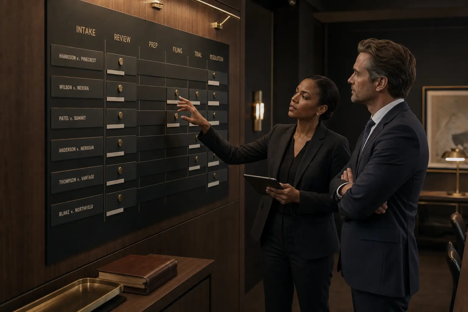 Operations lead reviewing a matter-stage workflow board with named case cards